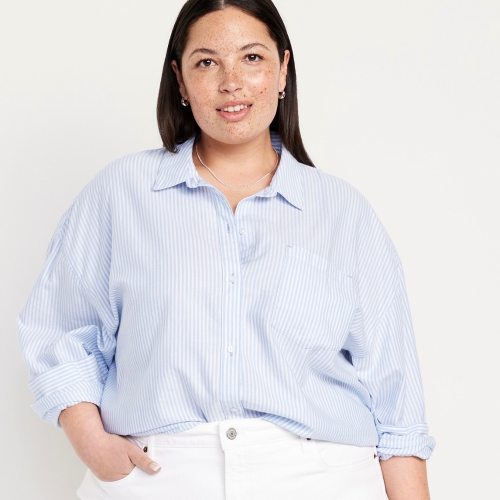 Old Navy Womens Striped The Boyfriend Shirt Size‎ XXL Petite Blue White Preppy